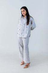 Gray linen co-ord set with heart details, paired with beige heels for everyday style