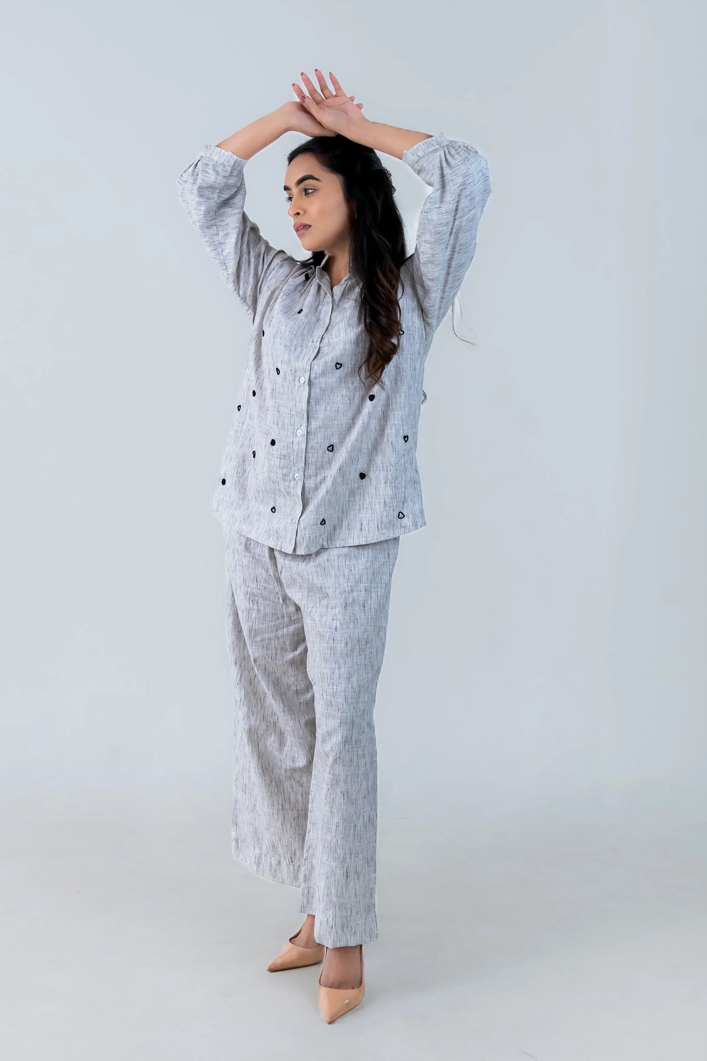 Gray heart-patterned co-ord set with relaxed fit, perfect for everyday comfort and style.