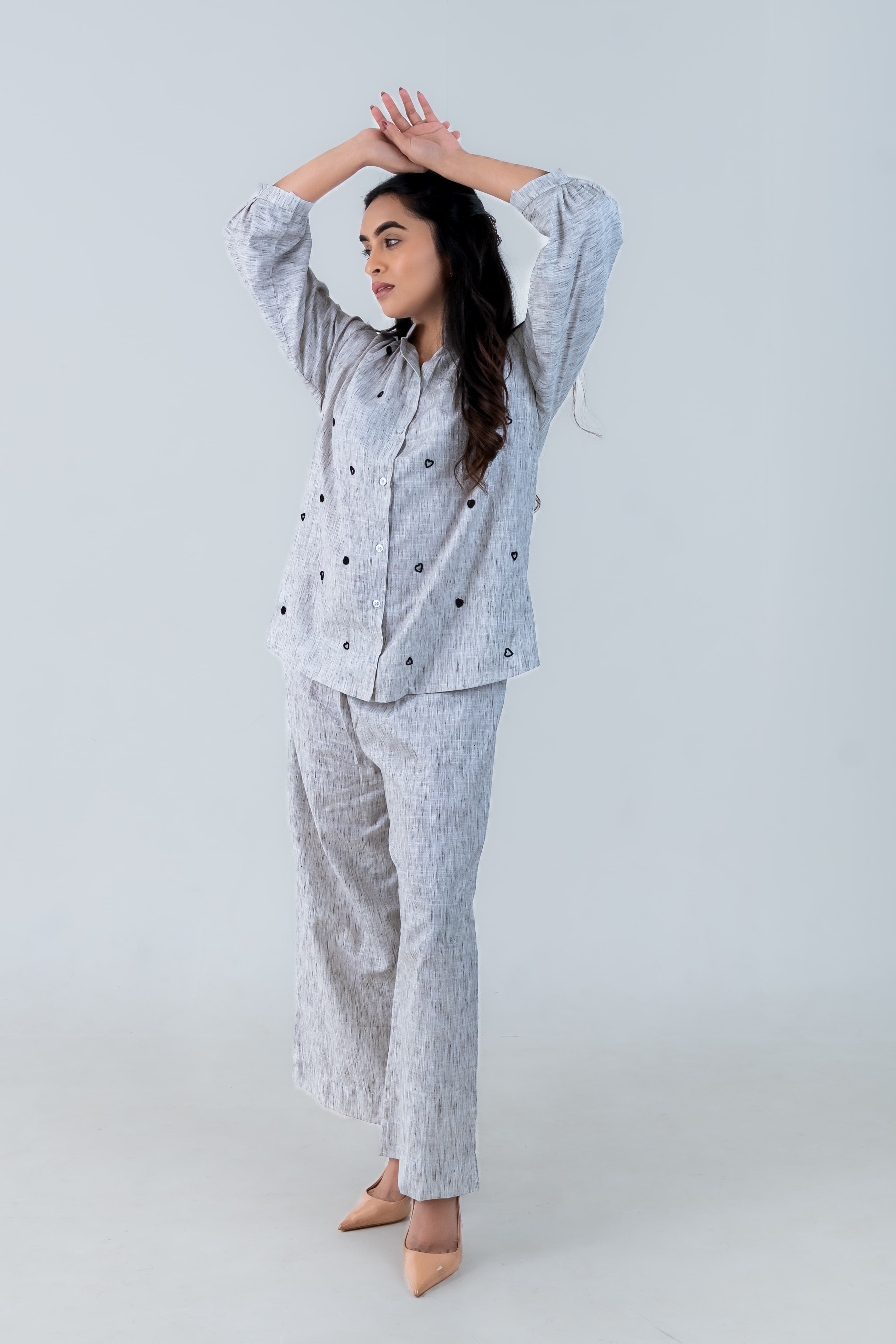 Grey Cotton Co-Ord with Heart Embroidery