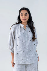 Gray heart-patterned button-up shirt with matching pants, stylish women's co-ord set