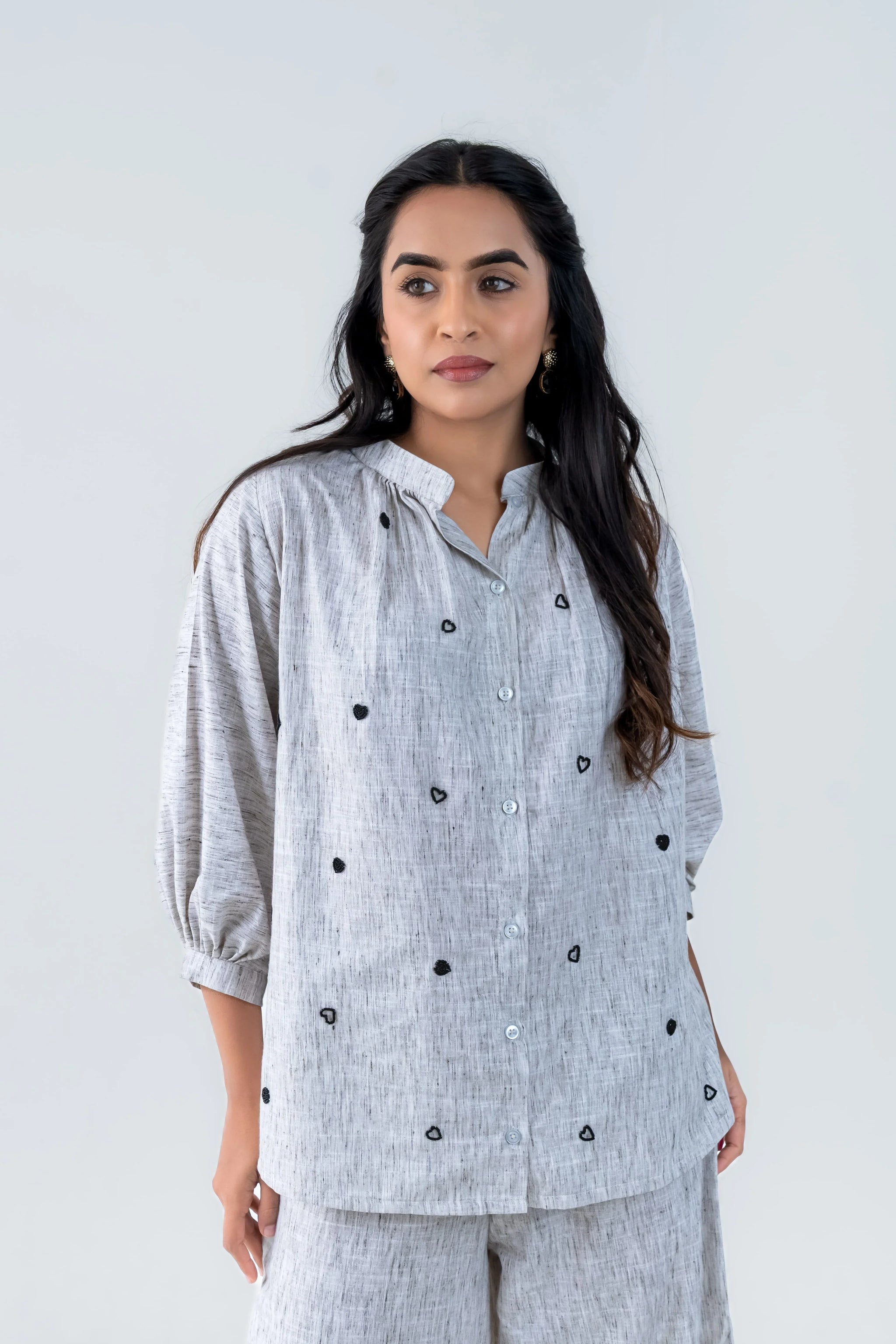 Gray heart-patterned button-up shirt with matching pants, stylish women's co-ord set