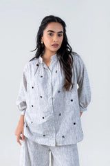 Gray heart-patterned button-up shirt and matching pants for women's casual wear