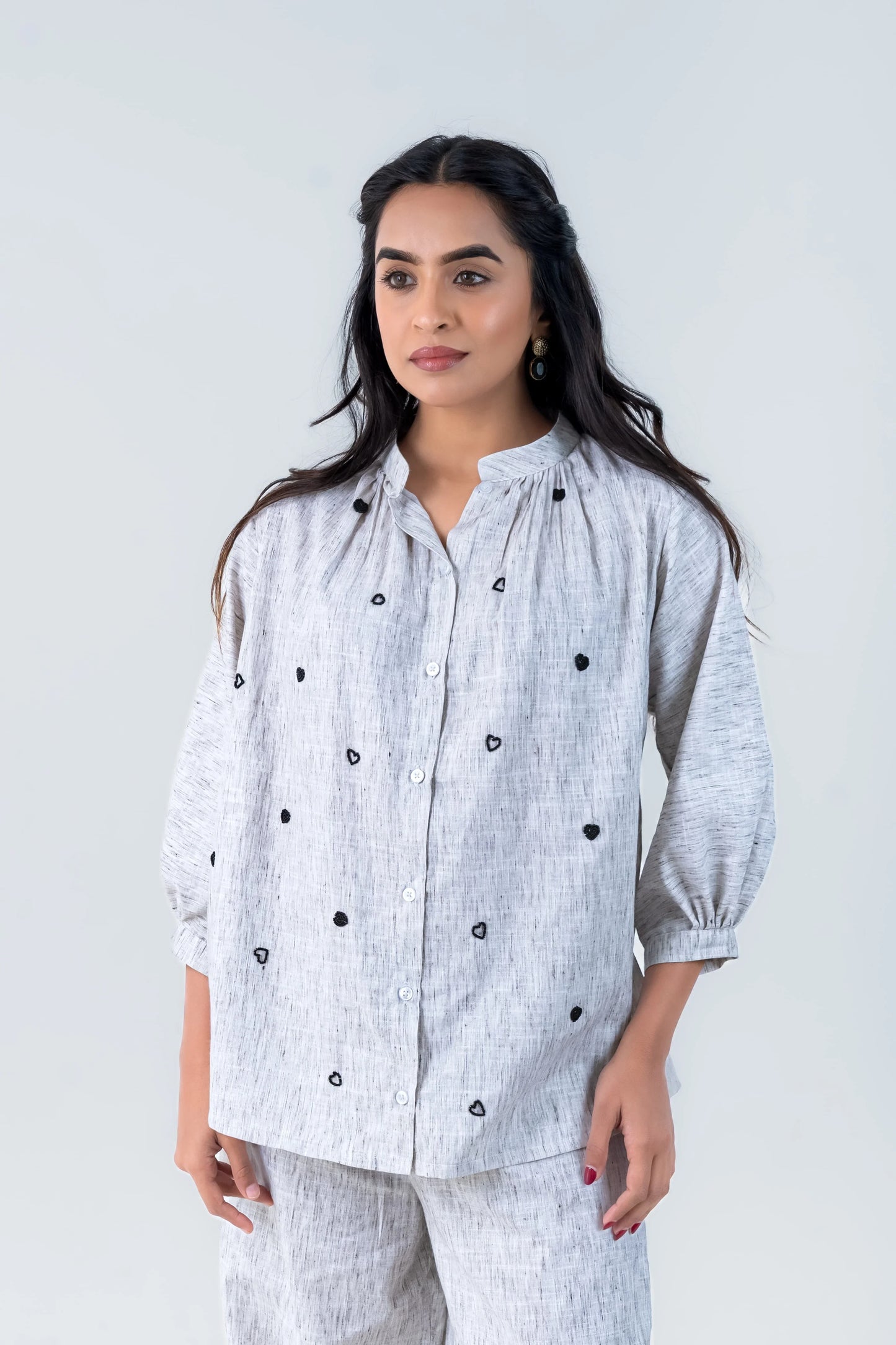 Gray heart-patterned button-up shirt with matching pants, stylish women's co-ord set