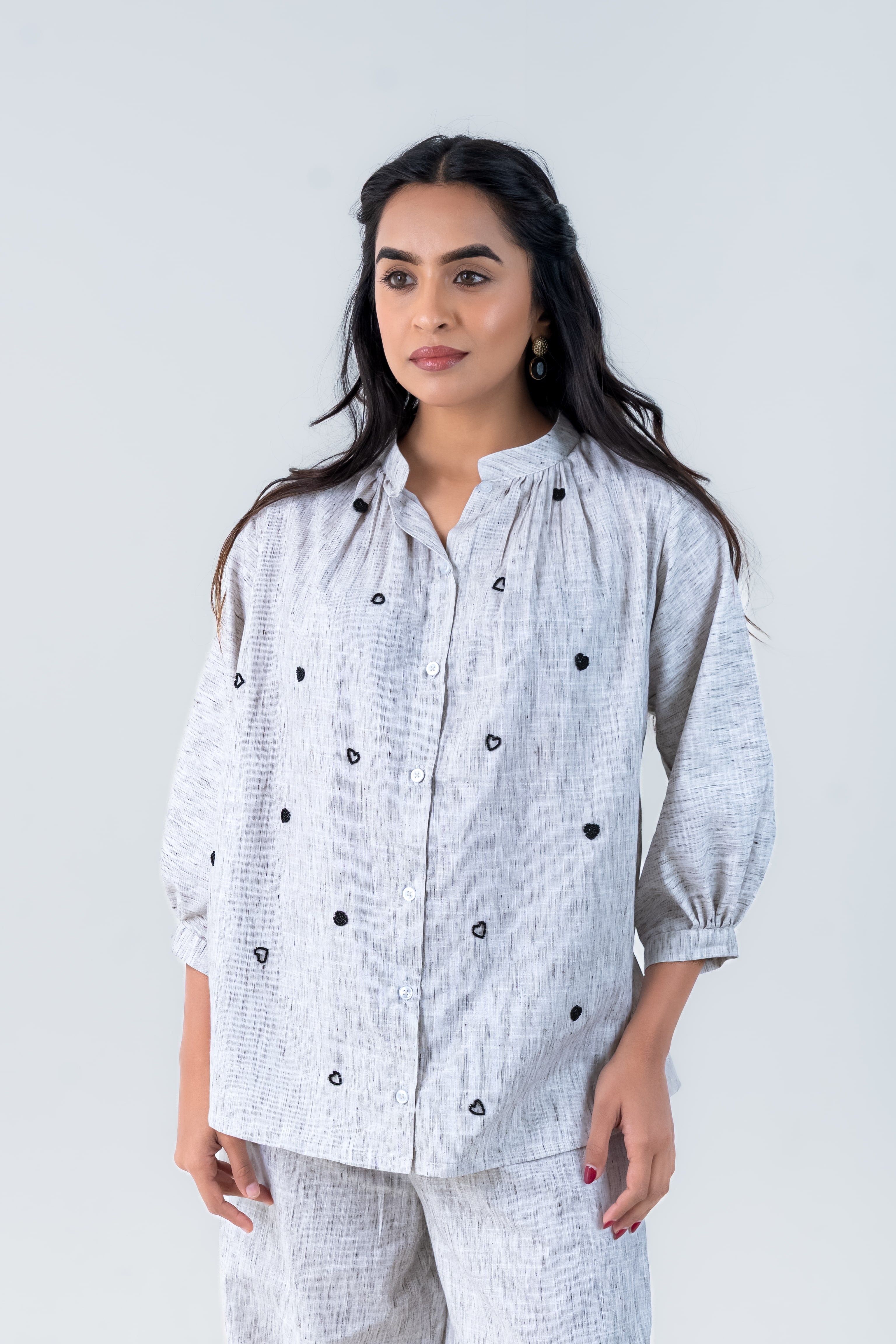 Grey Cotton Co-Ord with Heart Embroidery