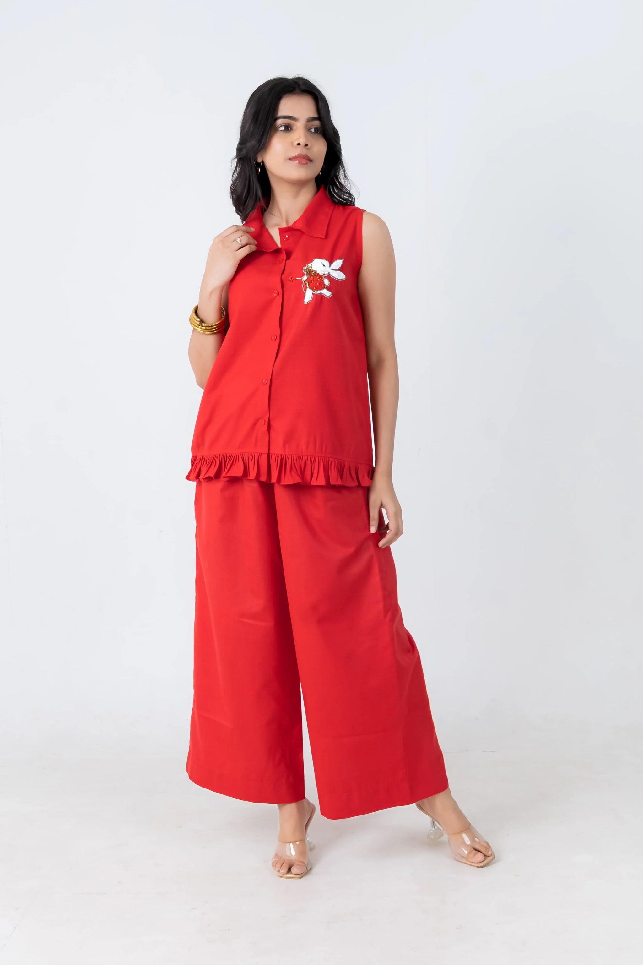Red sleeveless collared top with bunny embroidery and wide-leg pants, women's co-ord set
