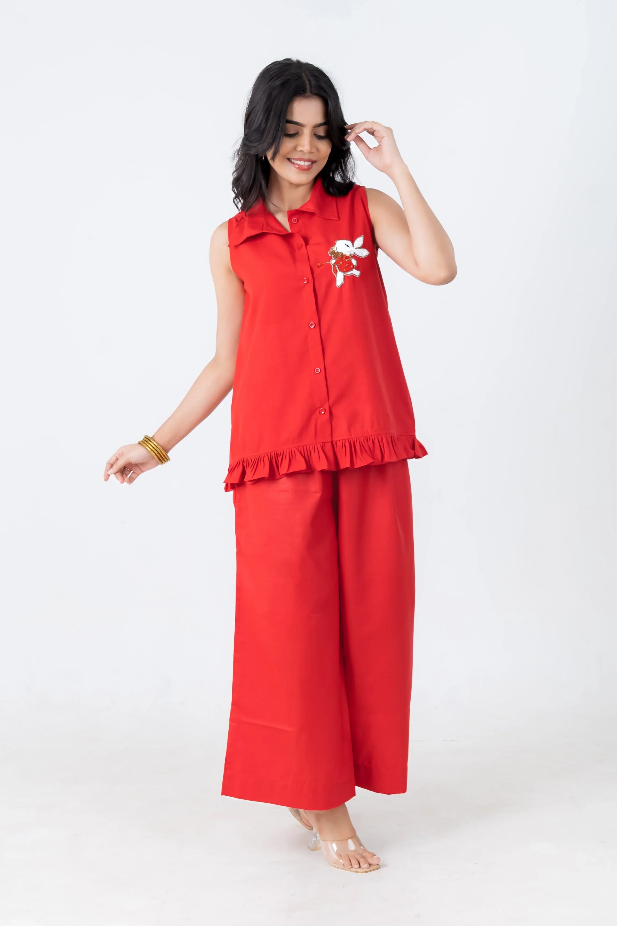 Red sleeveless button-down top with bunny embroidery and matching wide-leg pants, women's co-ord set