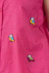 Pink dress with colorful beaded bird embroidery, trendy women's fashion