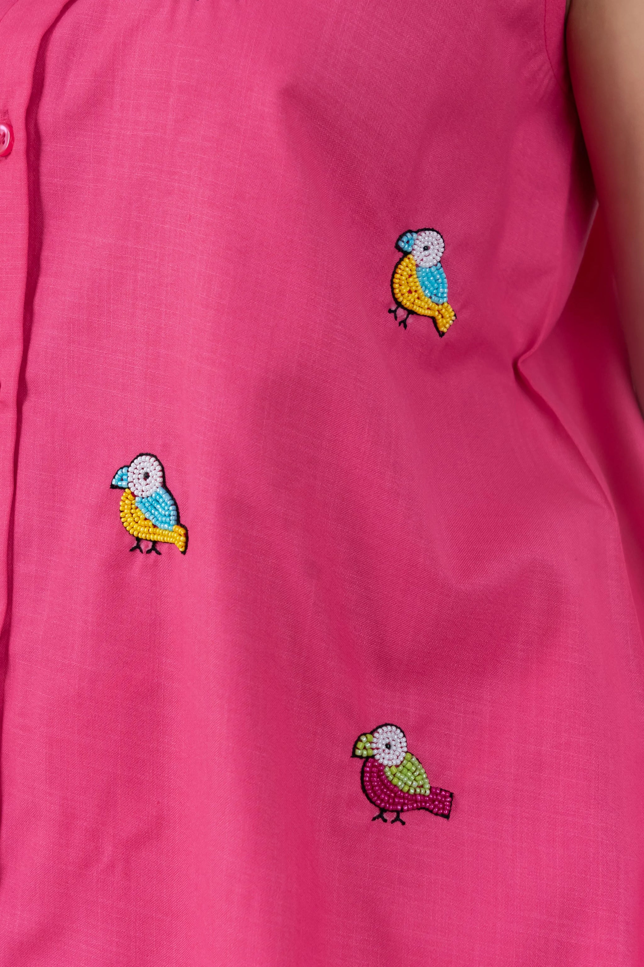 Pink dress with colorful beaded bird embroidery, trendy women's fashion