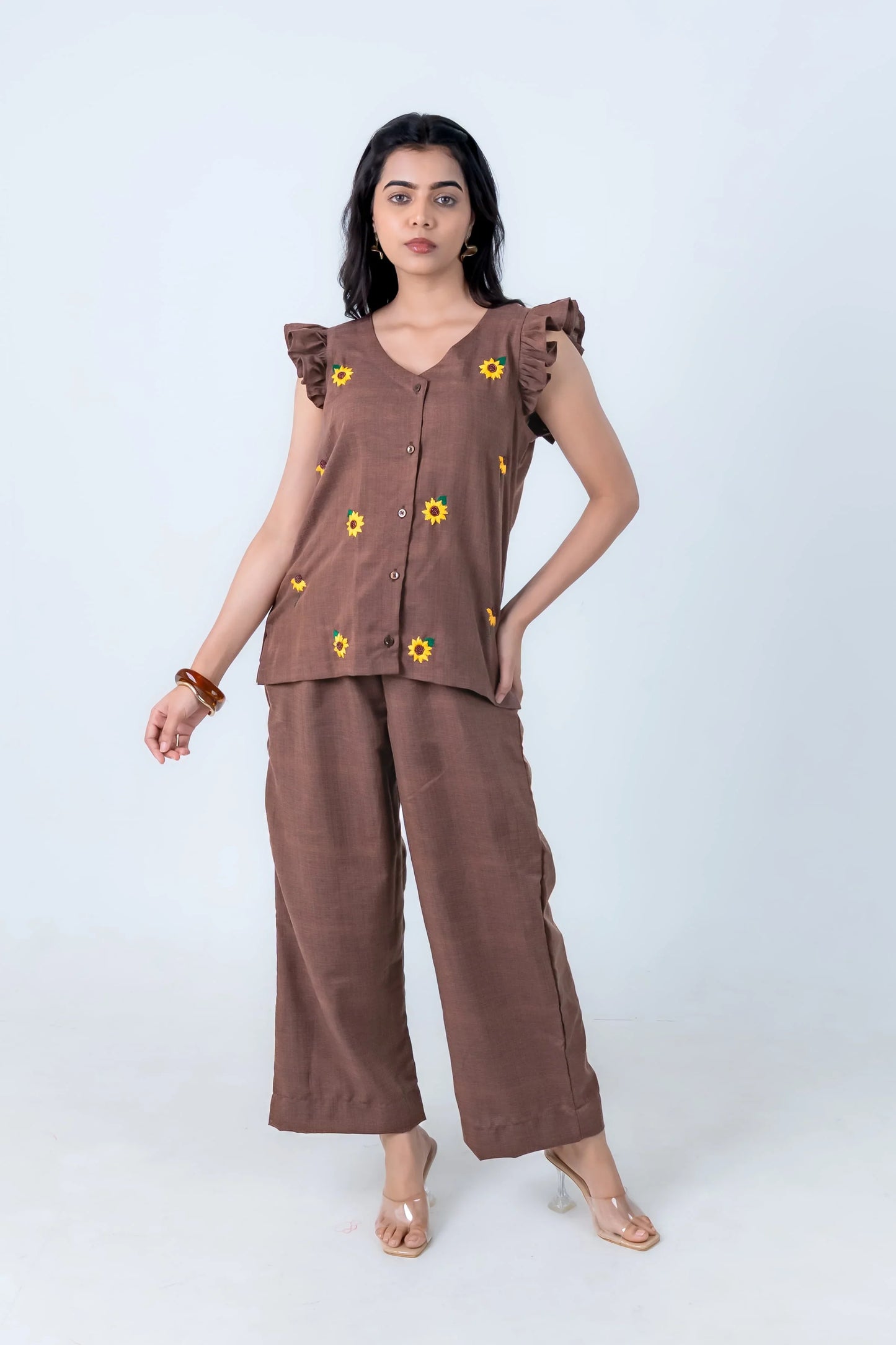 Brown floral co-ord set with sunflower embroidery, ruffle sleeves, and wide-leg pants for women