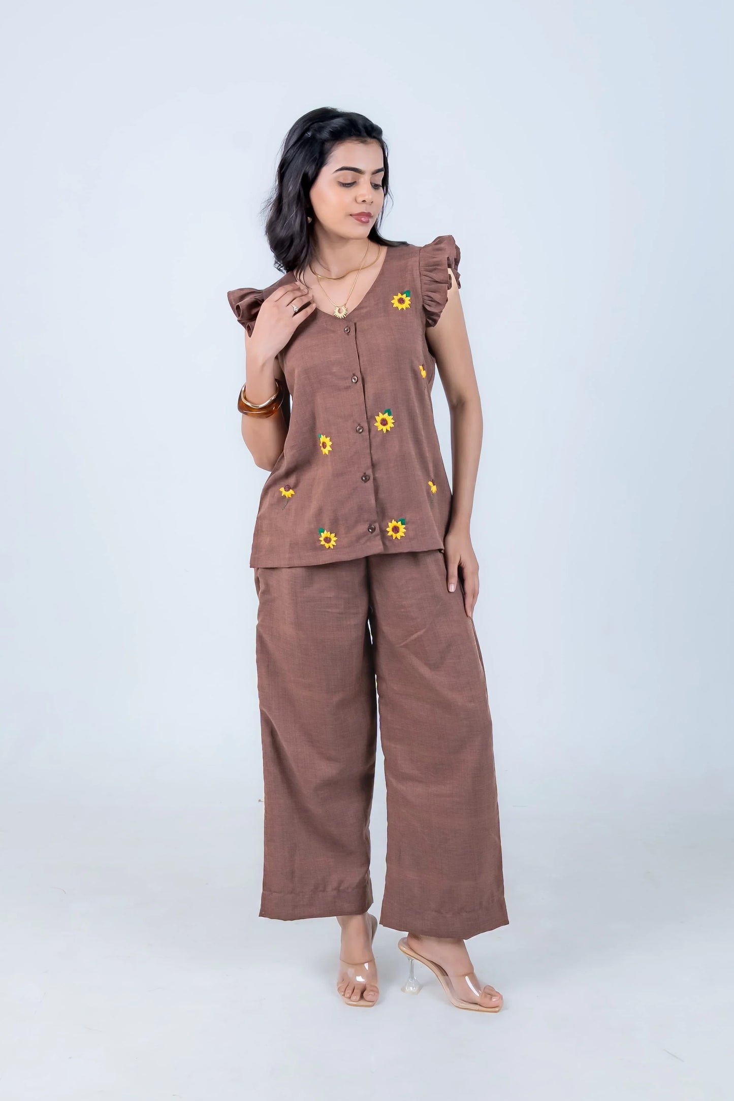 Brown sunflower-embroidered co-ord set with ruffle sleeves and wide-leg pants for women