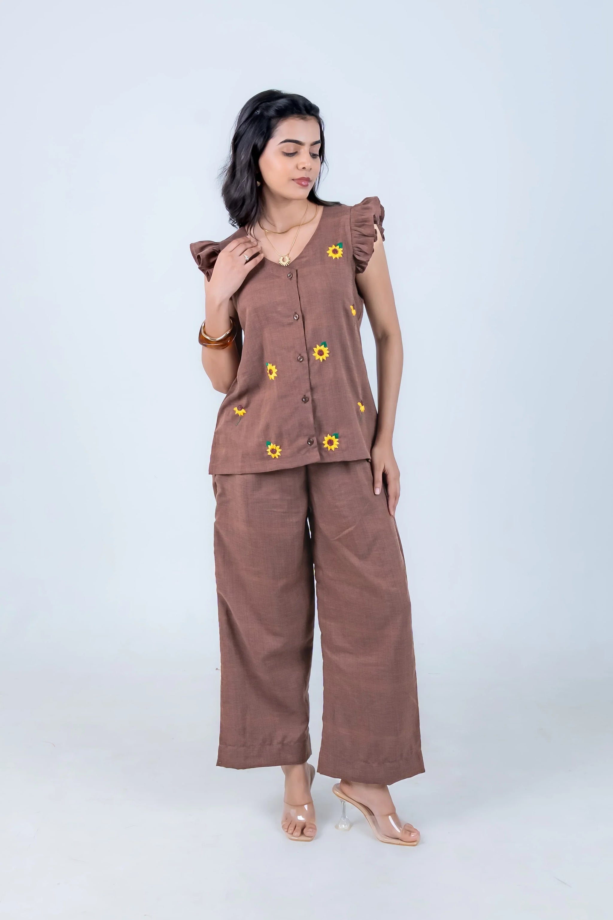 Brown sunflower-embroidered co-ord set with ruffle sleeves and wide-leg pants for women