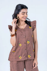 Brown sunflower-embroidered co-ord set with ruffle sleeves, perfect for everyday women's fashion