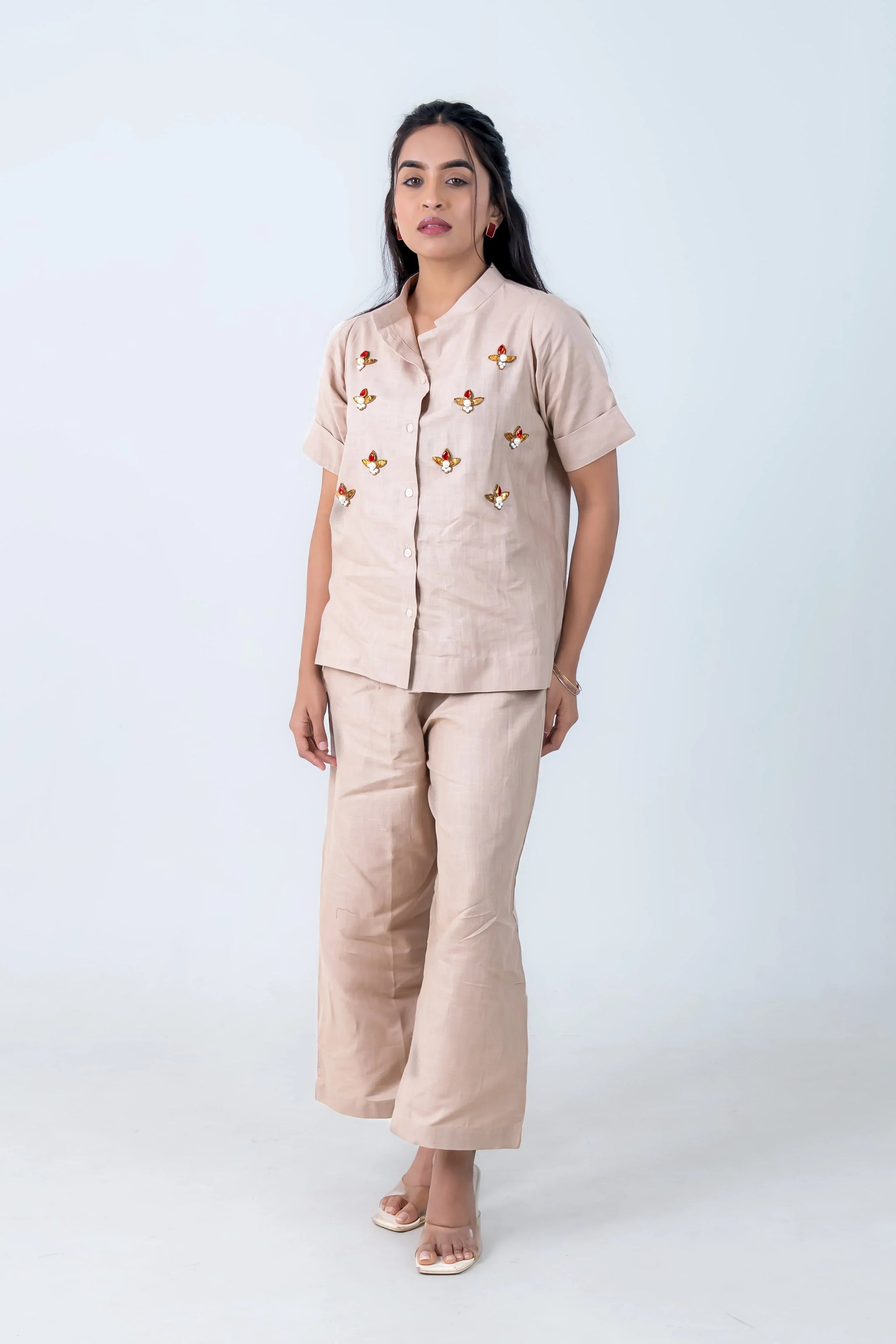 Beige linen co-ord set with floral embroidery, button-front top and wide-leg pants for women