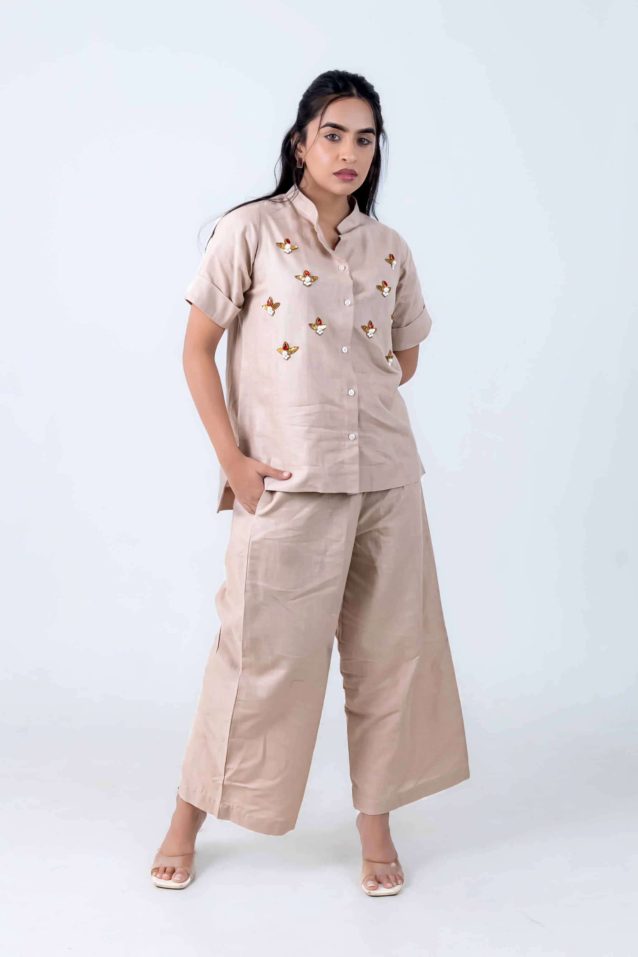 Beige women's co-ord set with bee embroidery, button-up top and wide-leg pants, stylish everyday wear