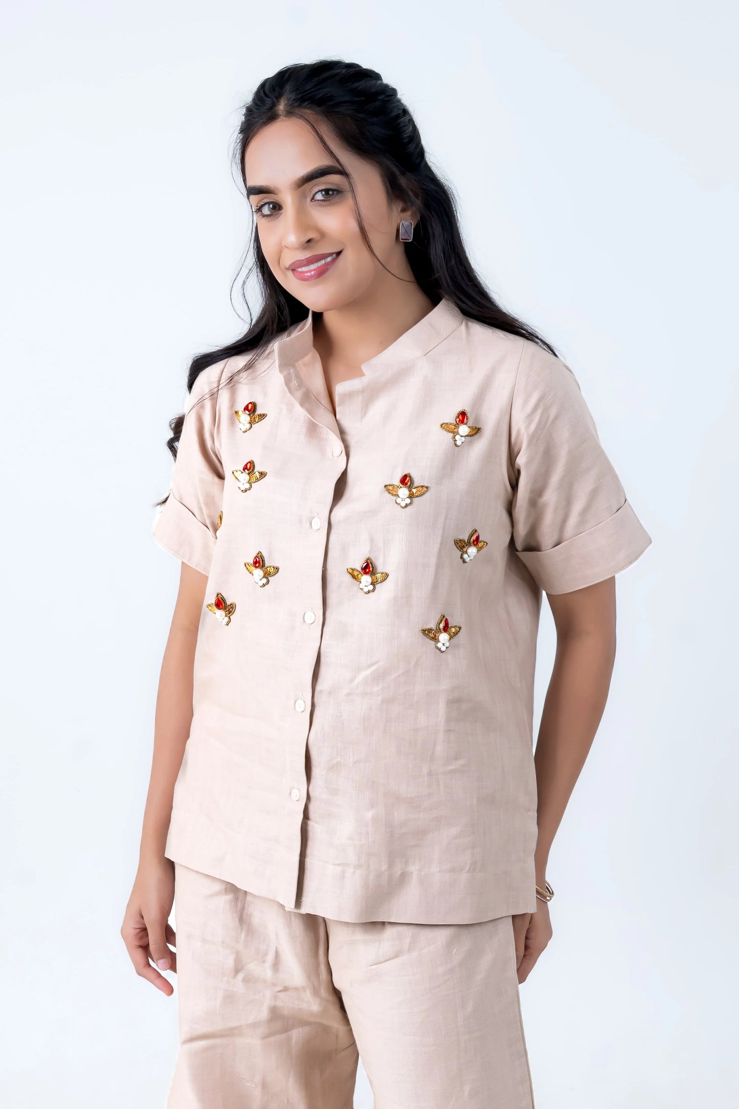 Beige linen co-ord set with bee embroidery, short sleeves, button front, matching pants, everyday women's fashion