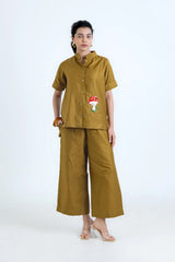Mustard co-ord set with mushroom embroidery, wide-leg pants, button-front top for women