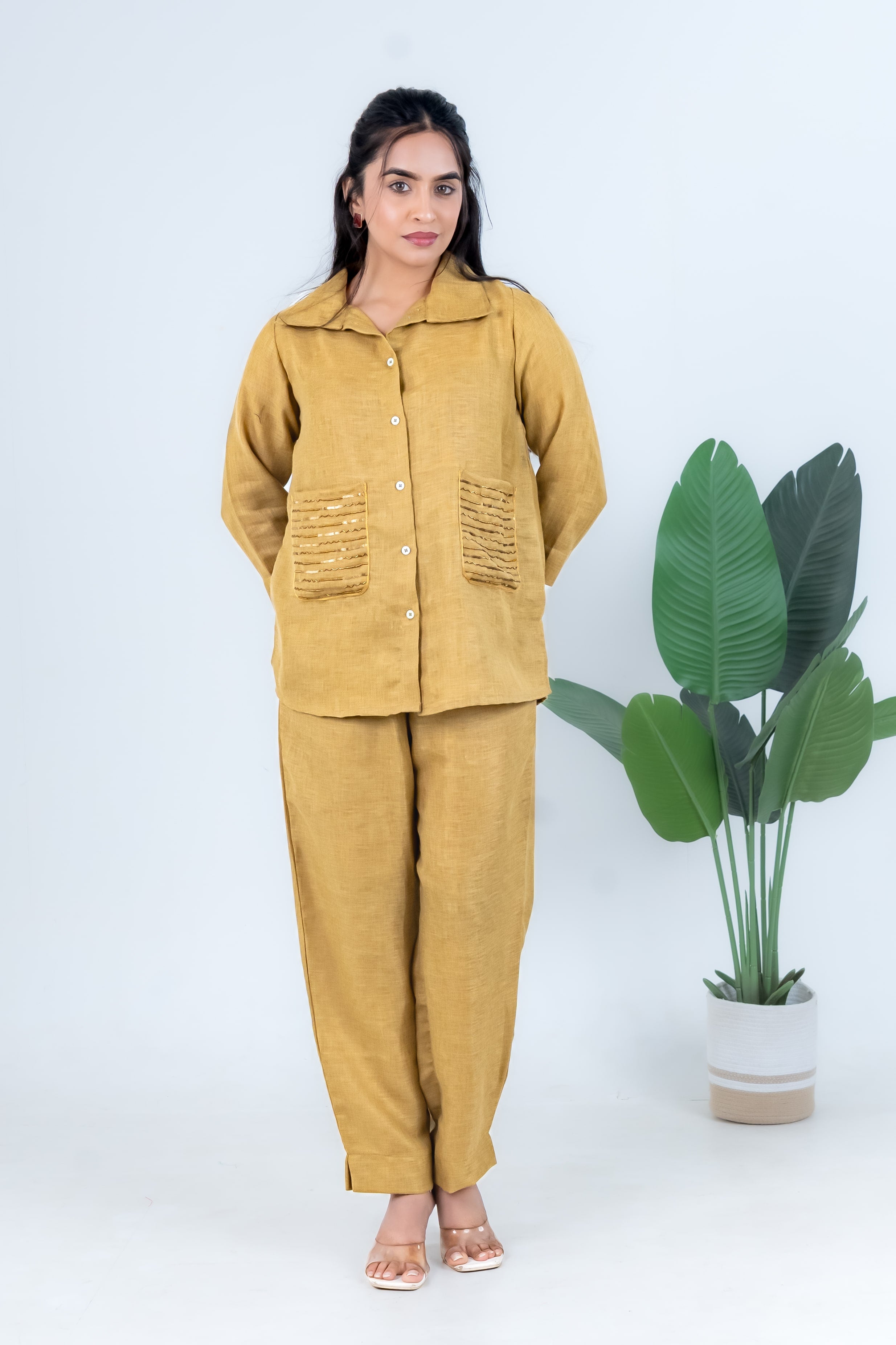 Golden Linen Co-Ord with Sequin Embroidery