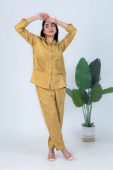 Mustard yellow linen co-ord set with sequin pockets, styled for everyday comfort
