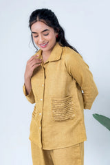 Mustard yellow linen co-ord set with embroidered pocket, stylish women's everyday outfit