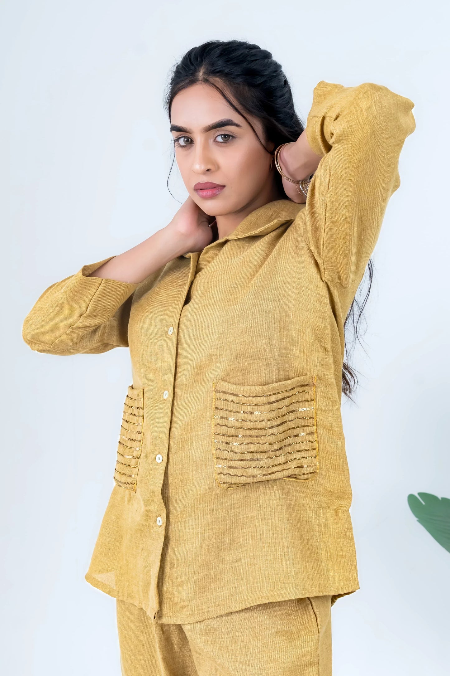 Mustard yellow embroidered shirt with matching pants, stylish women's co-ord set