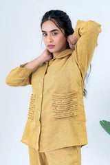 Mustard yellow embroidered shirt with matching pants, stylish women's co-ord set