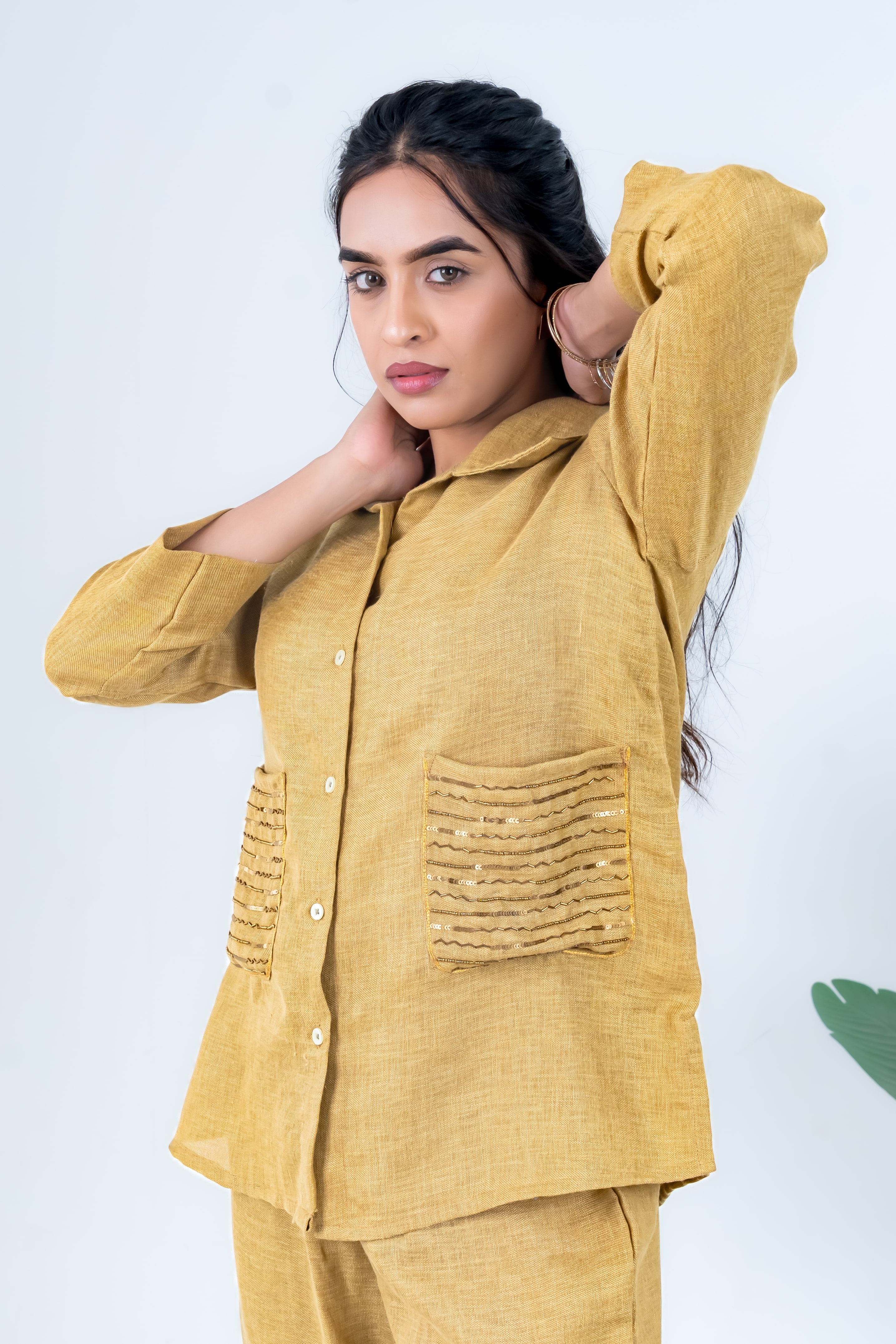 Golden Linen Co-Ord with Sequin Embroidery