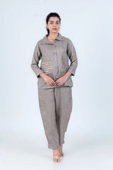 Gray linen co-ord set with embellished pockets, stylish women's everyday outfit