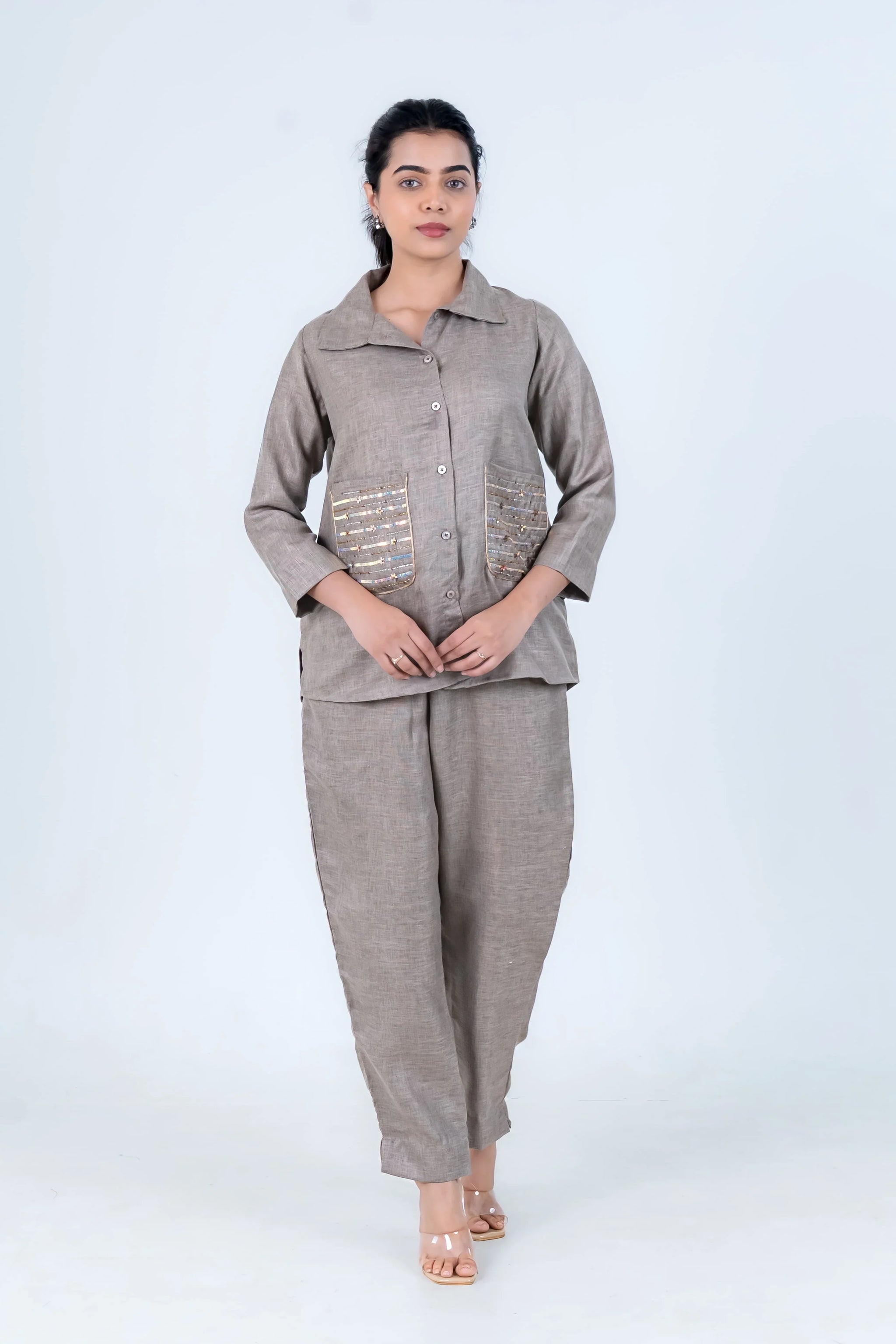 Gray linen co-ord set with embellished pockets, stylish women's everyday outfit
