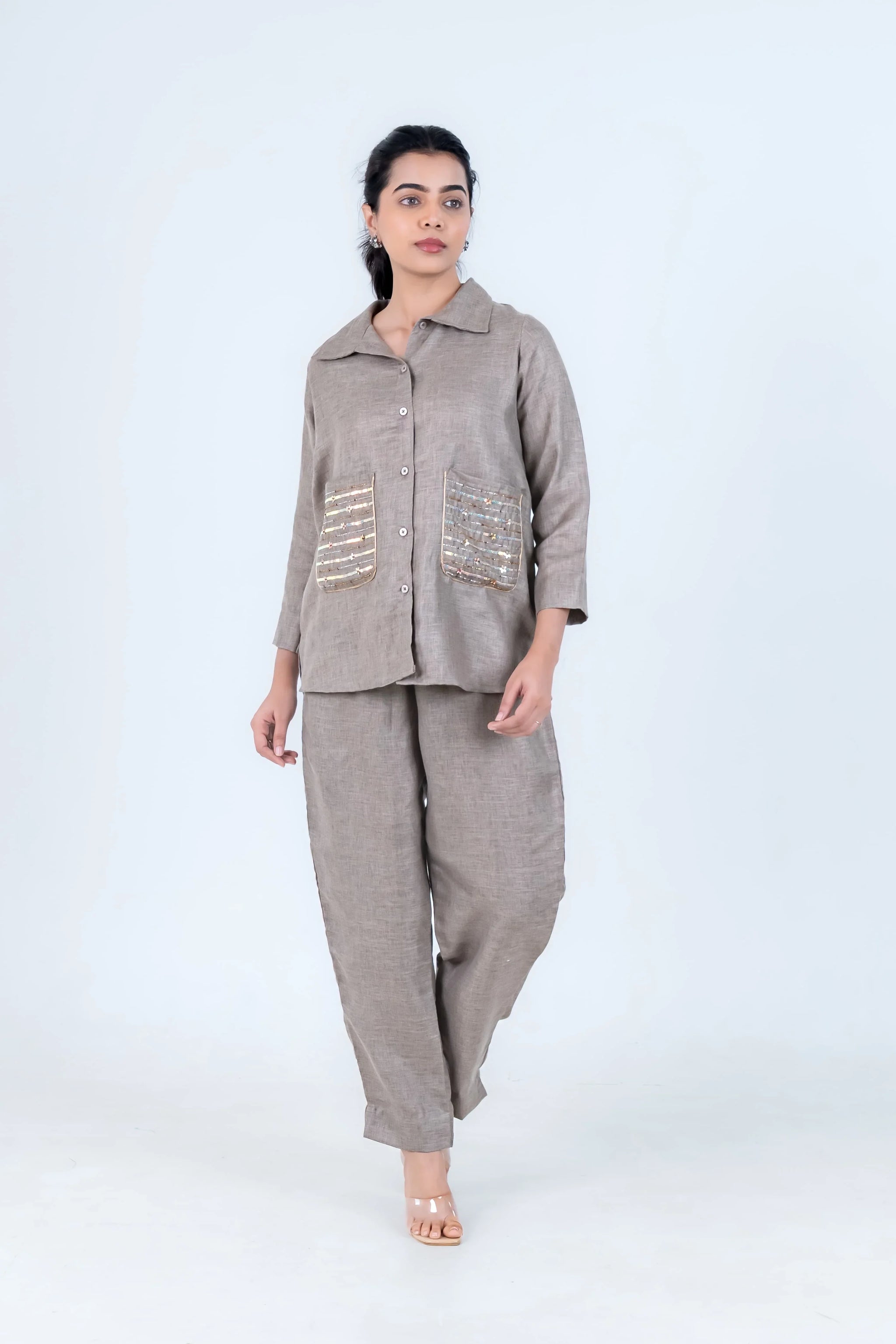 Grey linen co-ord set with embellished pockets, button-front shirt and wide-leg pants for women