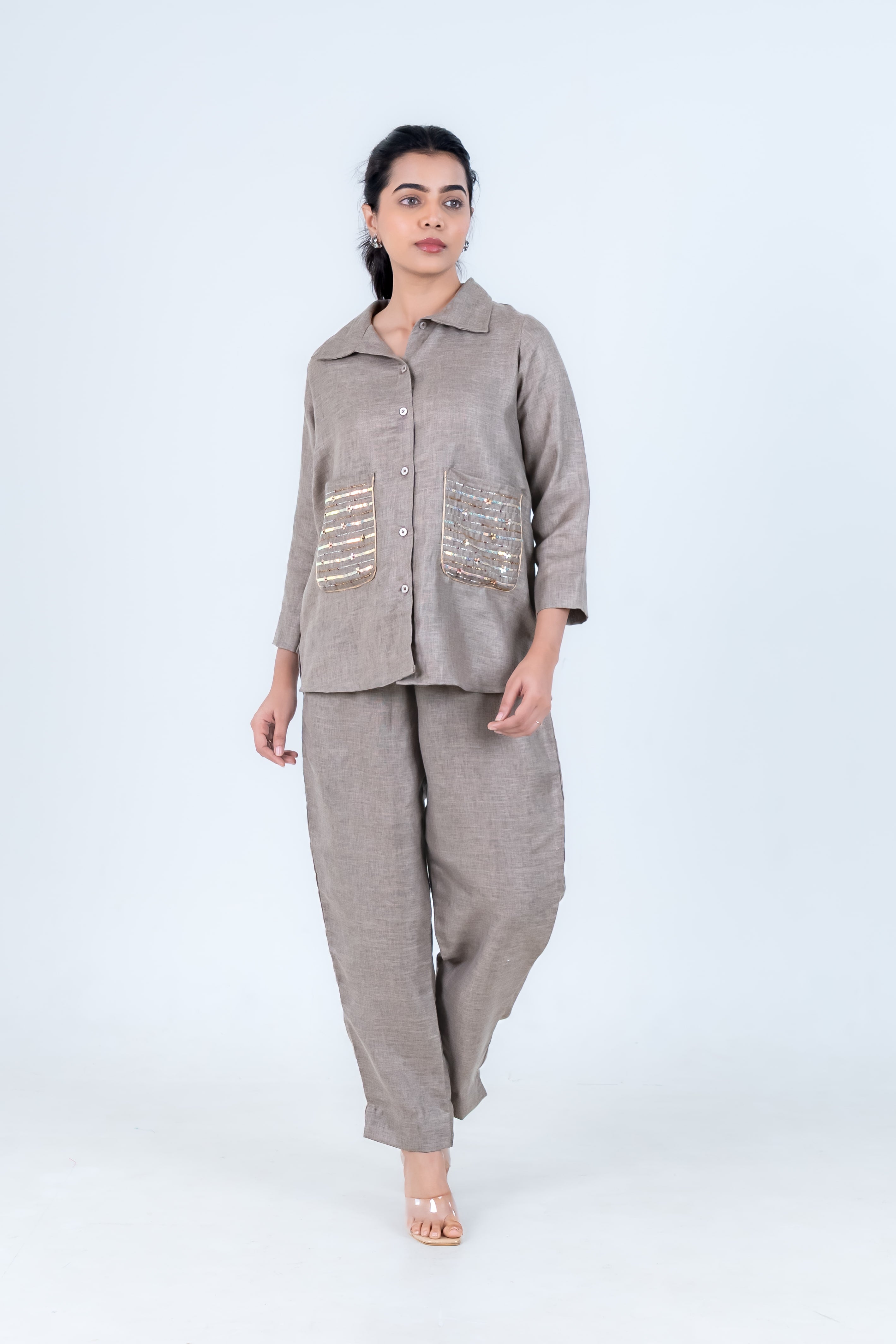 Grey Linen Co-Ord with Sequin Embroidery