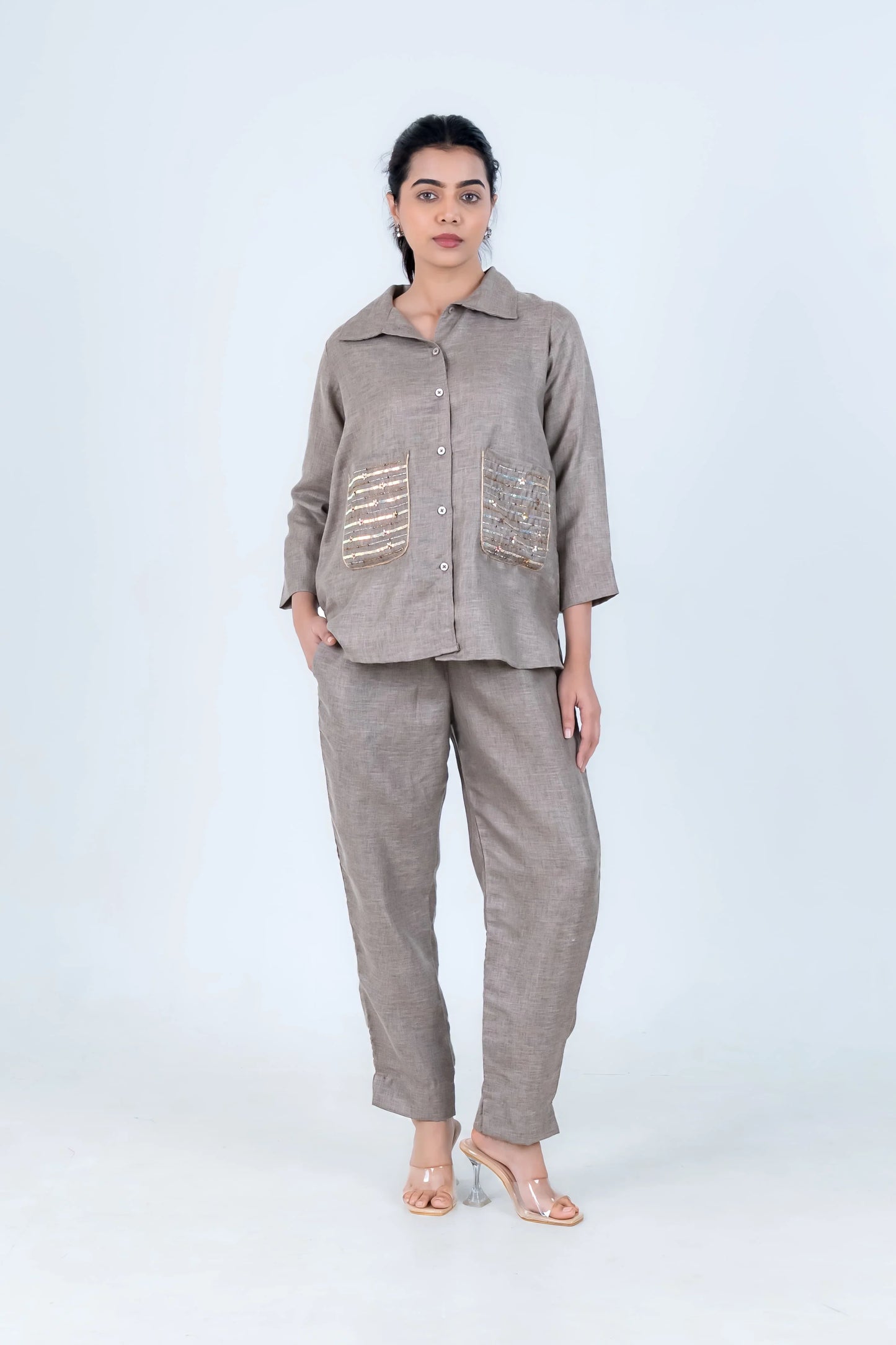 Gray linen co-ord set with sequin pockets, stylish everyday women's outfit