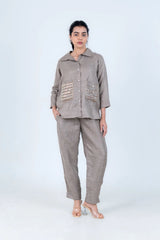 Gray linen co-ord set with sequin pockets, stylish everyday women's outfit