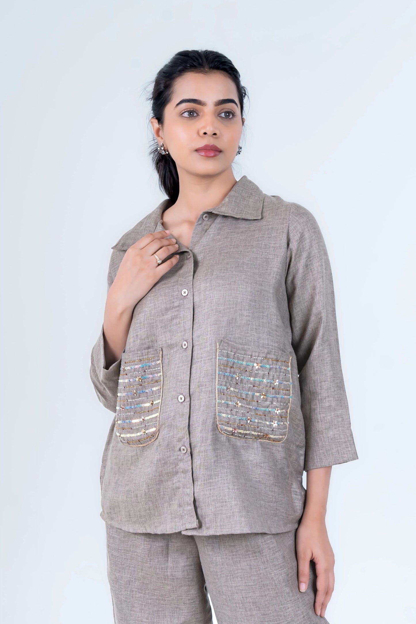 Grey linen co-ord set with embellished pockets, button front shirt and matching pants for women