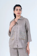 Grey linen co-ord set with embellished pockets, button front shirt and matching pants for women