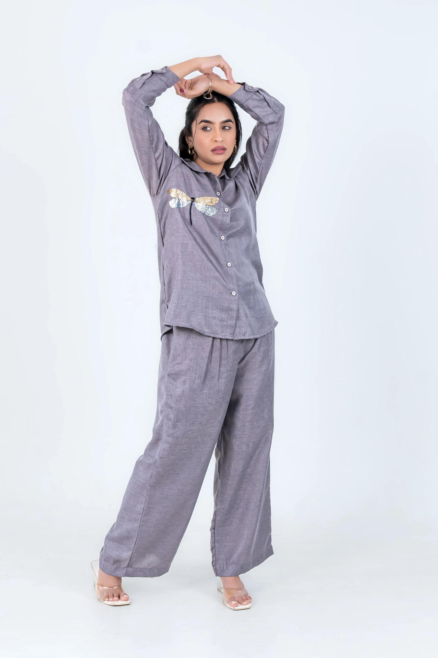 Gray linen co-ord set with dragonfly embroidery, stylish women's everyday wear