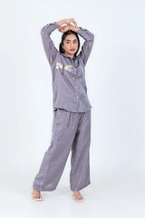 Gray linen co-ord set with dragonfly embroidery, stylish women's everyday wear