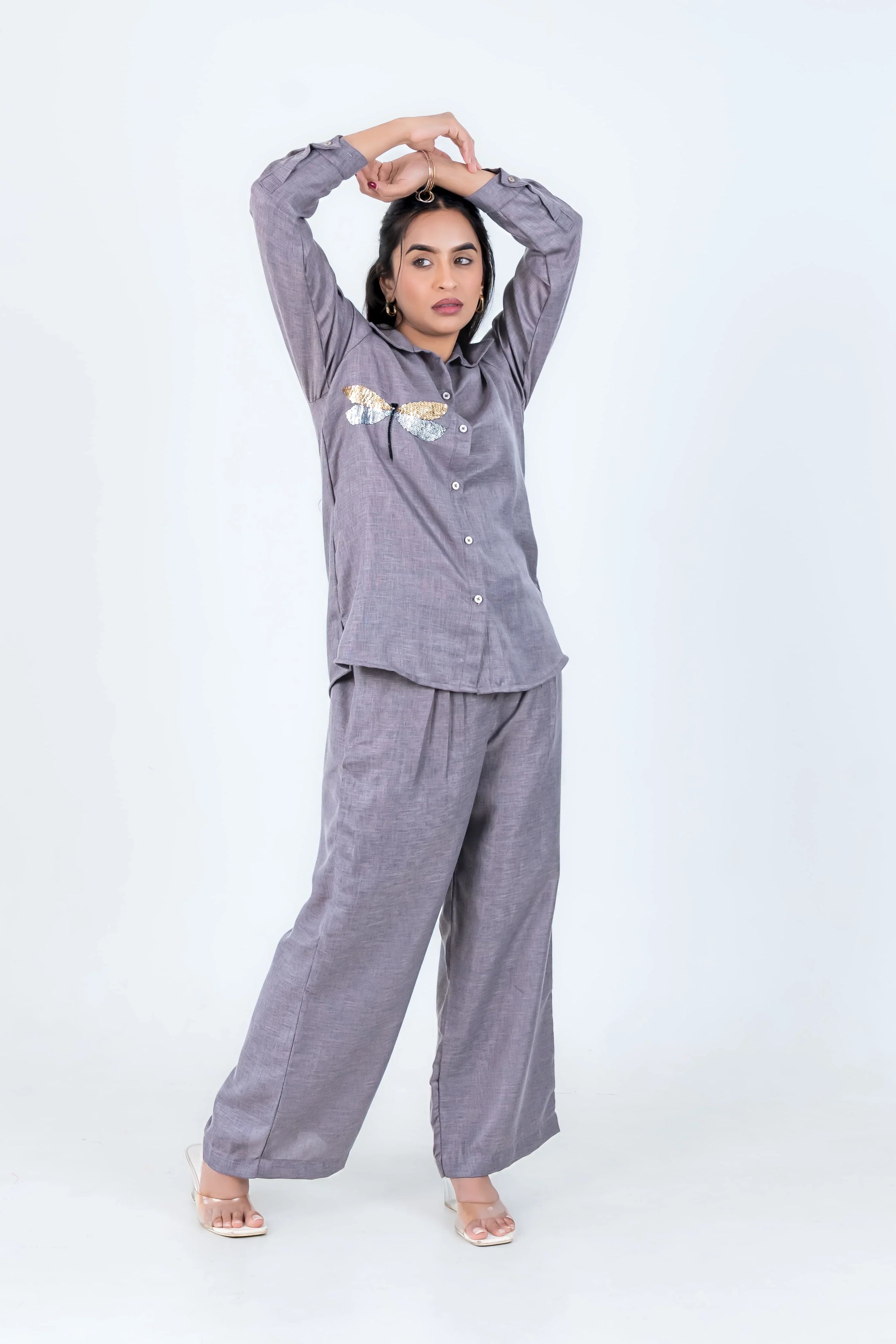Gray linen co-ord set with dragonfly embroidery, stylish women's everyday wear