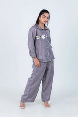 Gray linen co-ord set with sequin dragonfly detail, comfortable everyday wear for women