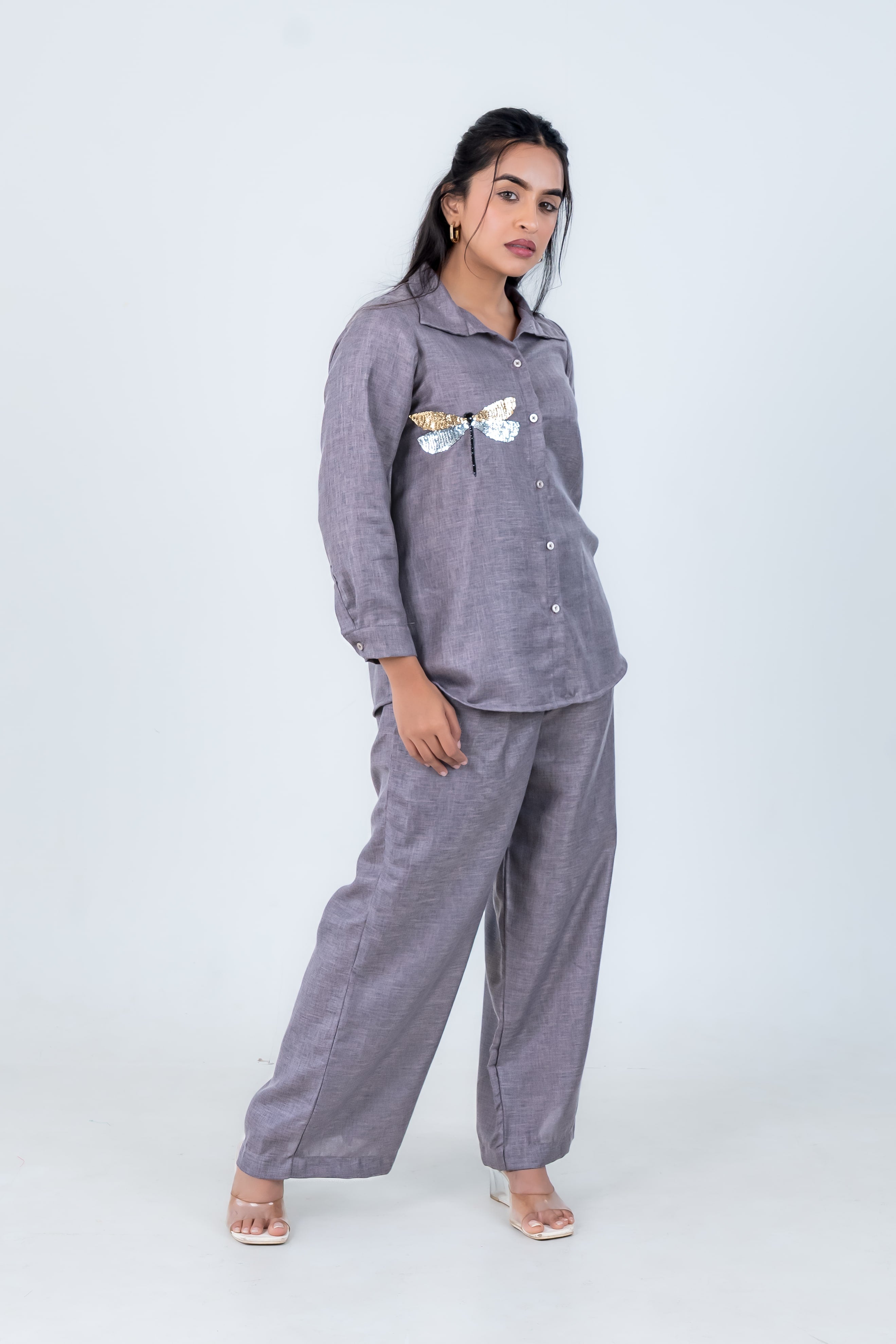 Grey Linen Co-Ord with Dragonfly Embroidery