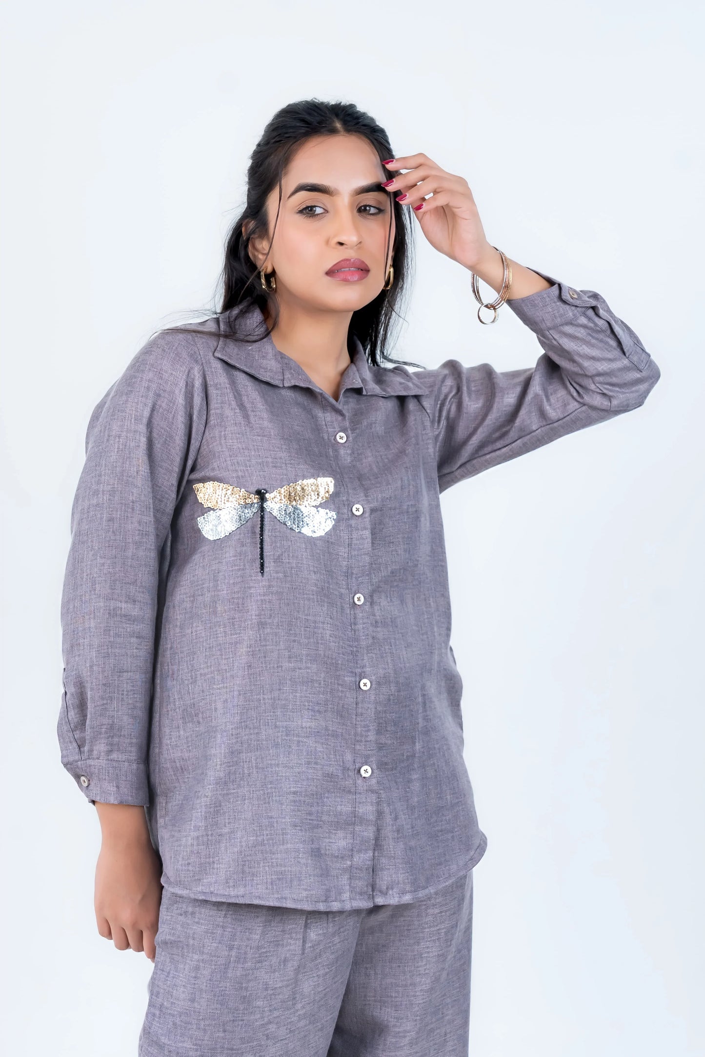 Gray linen pajama set with sequin dragonfly design, comfortable women's sleepwear