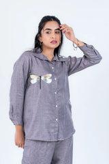 Gray linen pajama set with sequin dragonfly design, comfortable women's sleepwear