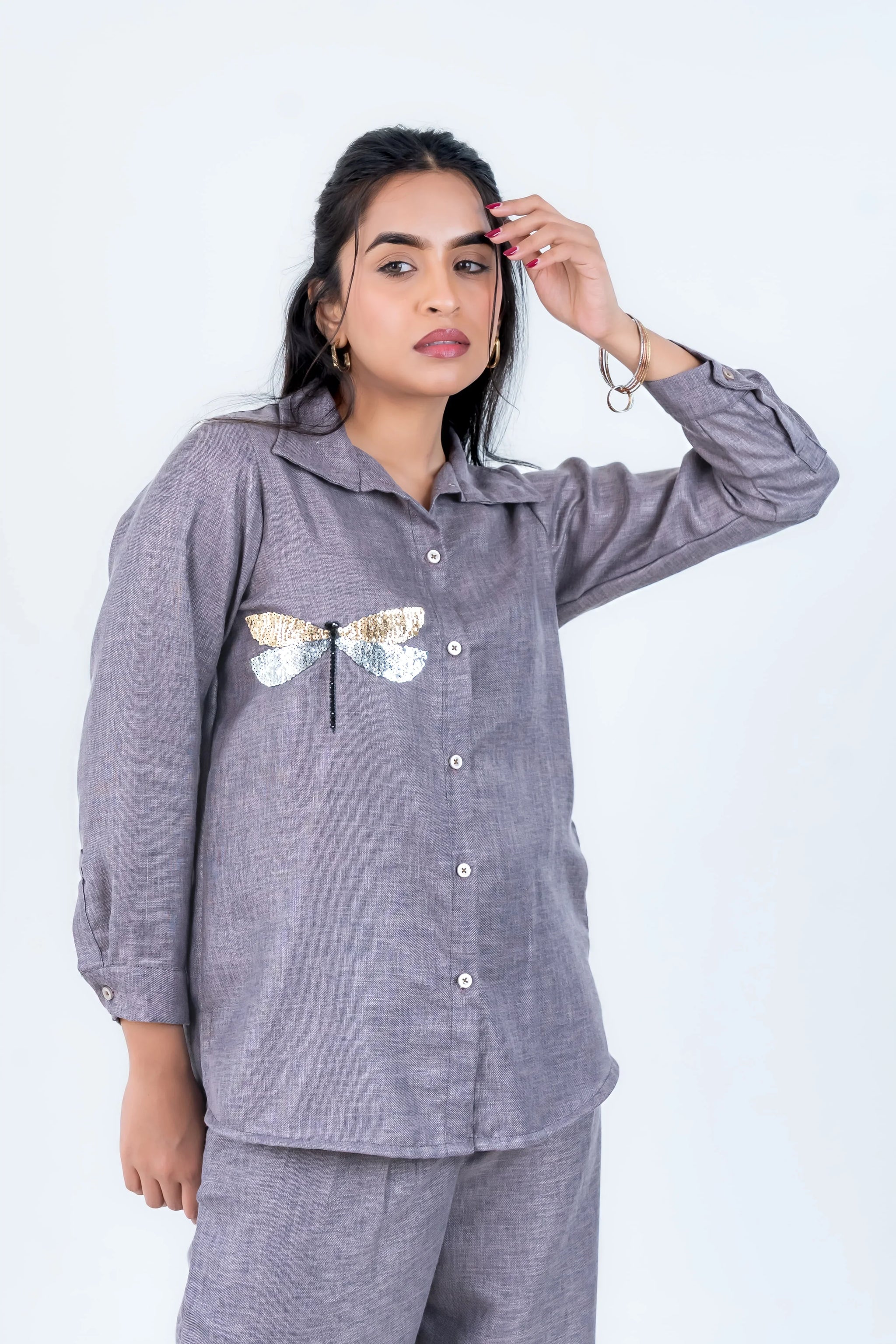 Gray linen pajama set with sequin dragonfly design, comfortable women's sleepwear