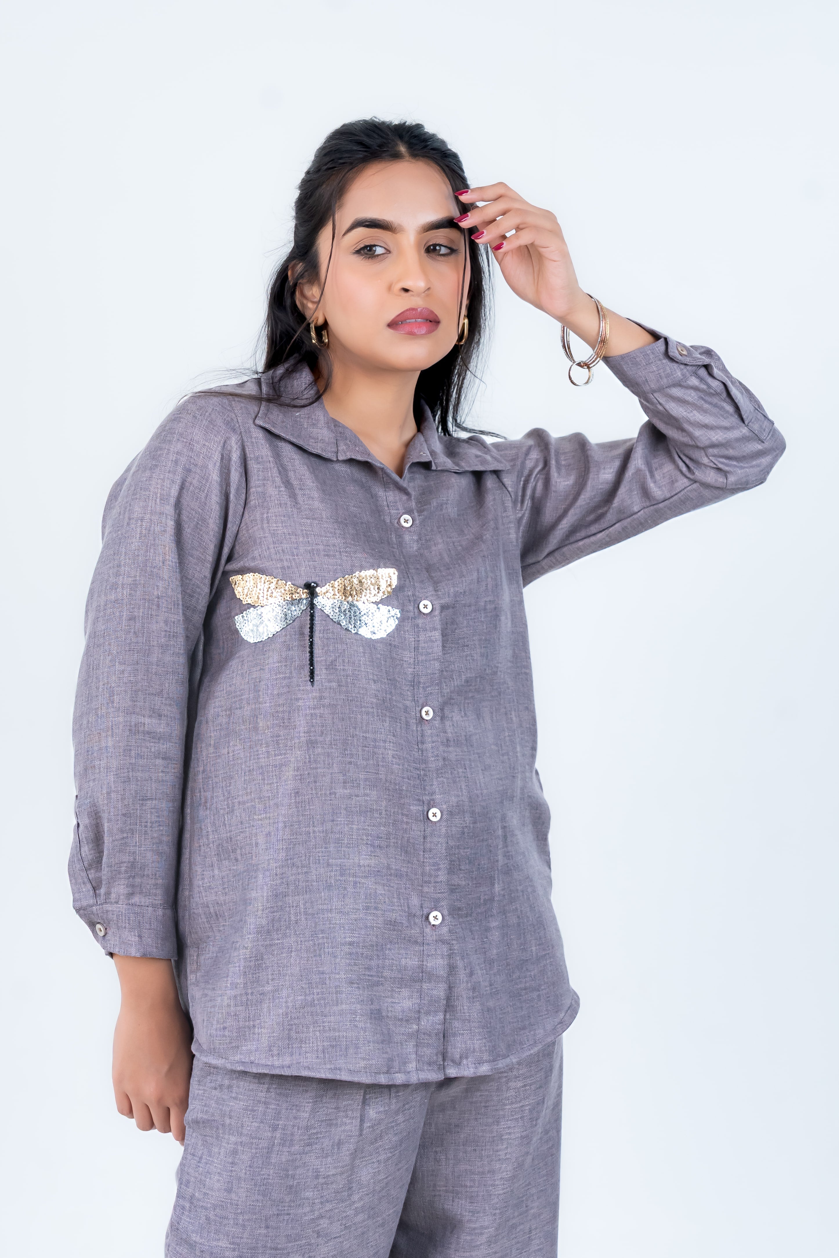 Grey Linen Co-Ord with Dragonfly Embroidery