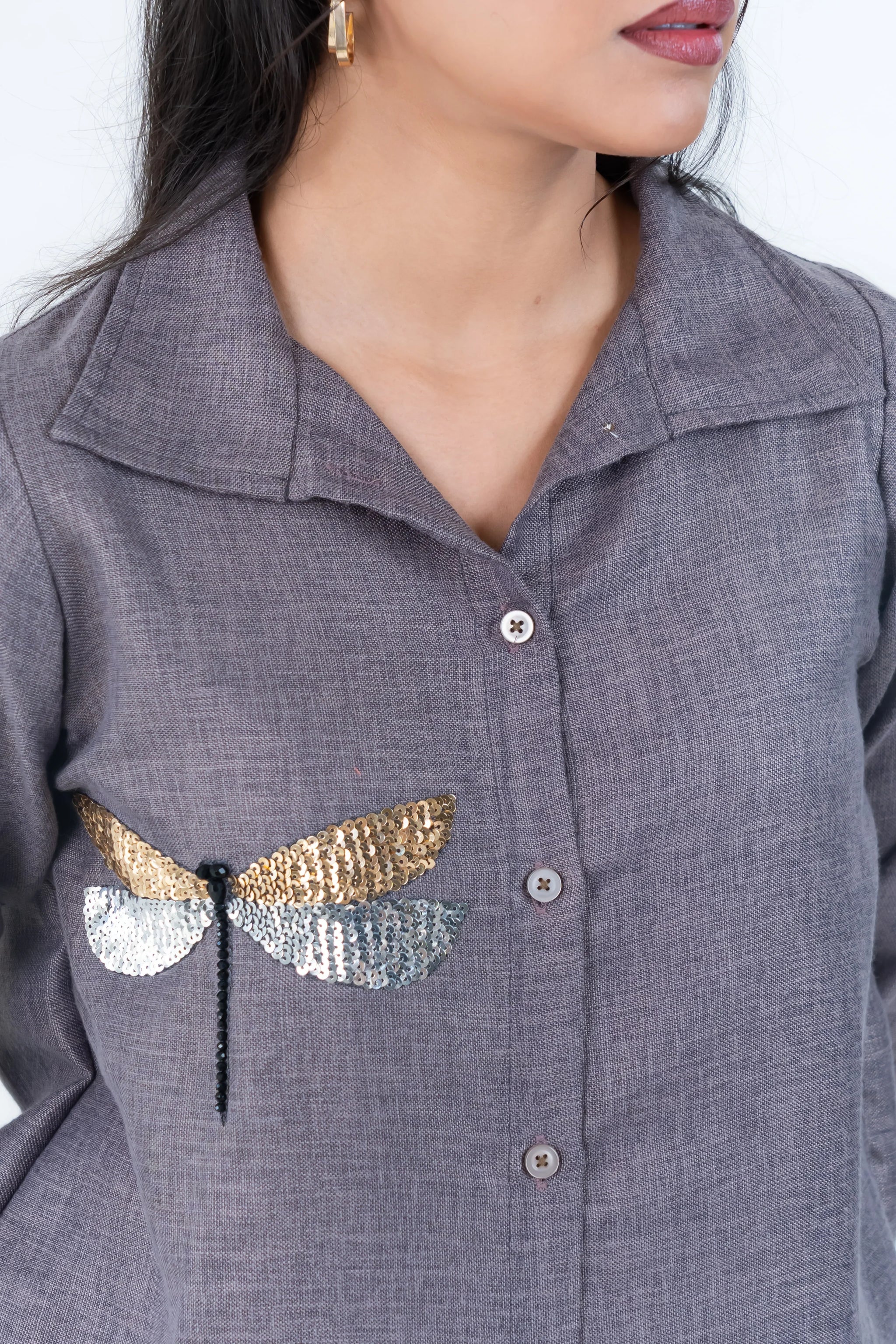 Grey button-down shirt with gold and silver sequin dragonfly embellishment, stylish women's fashion