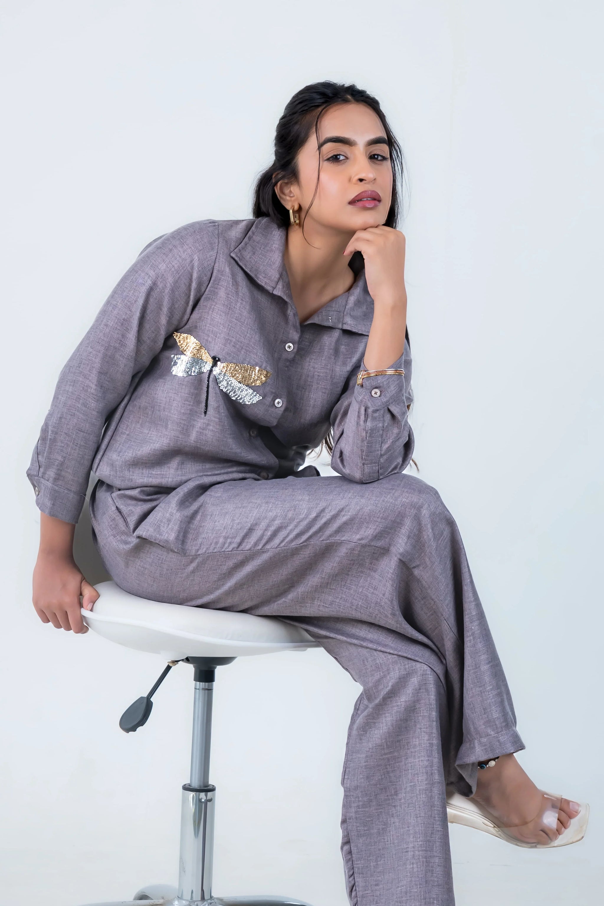 Gray women's co-ord set with dragonfly sequin detail, stylish and comfortable everyday wear