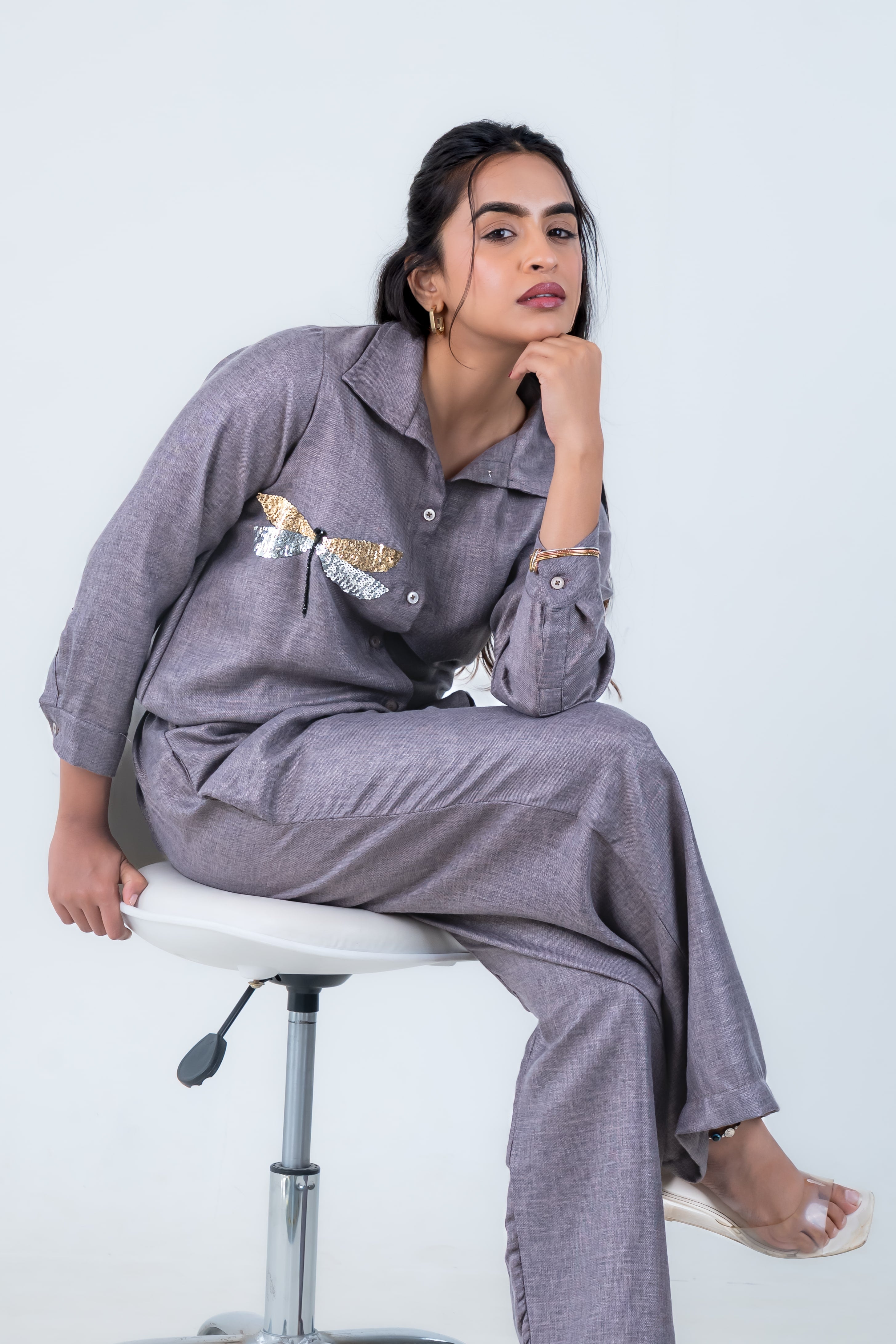 Grey Linen Co-Ord with Dragonfly Embroidery