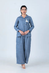 Blue linen pajama set with flamingo embroidery, comfortable women's loungewear