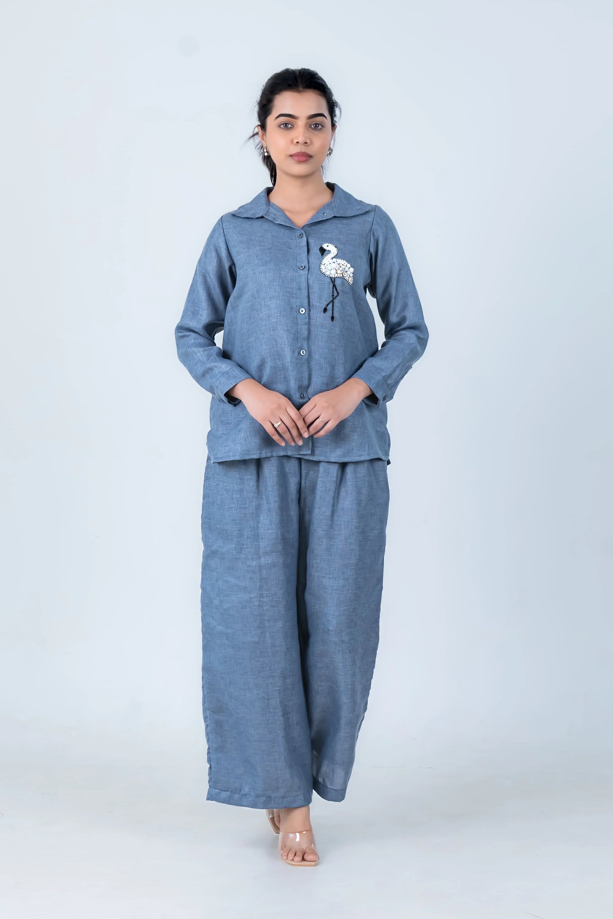 Blue linen pajama set with flamingo embroidery, comfortable women's loungewear