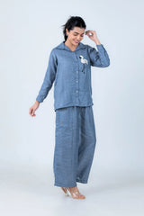Blue linen pajama set with flamingo embroidery, comfortable women's loungewear