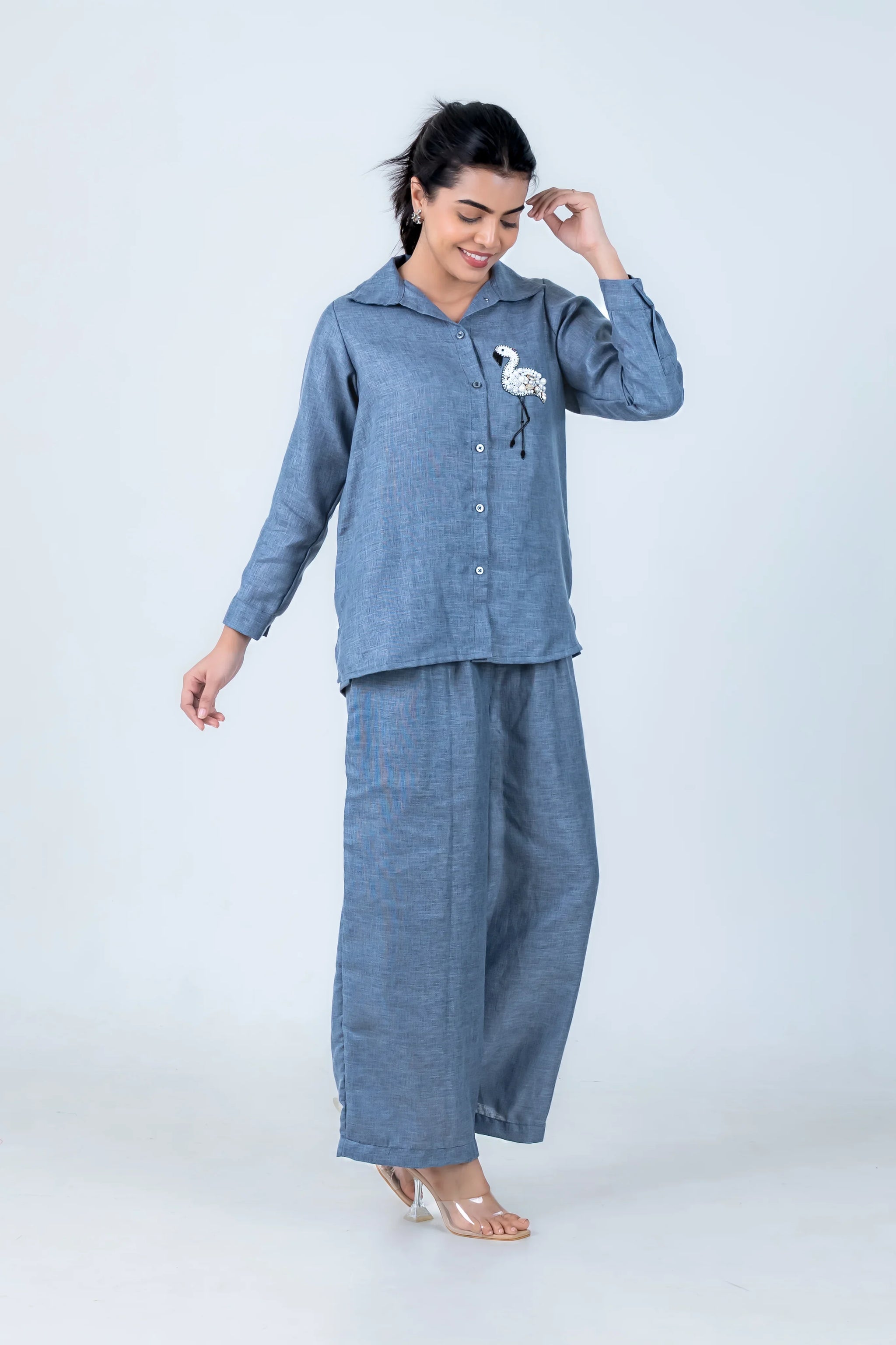 Blue linen pajama set with flamingo embroidery, comfortable women's loungewear